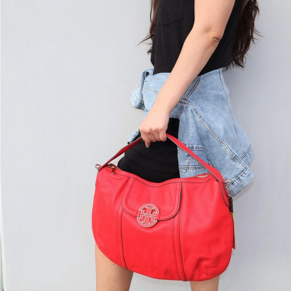 Tory Burch Amanda Leather Shoulder Hobo Bag Red Orange
